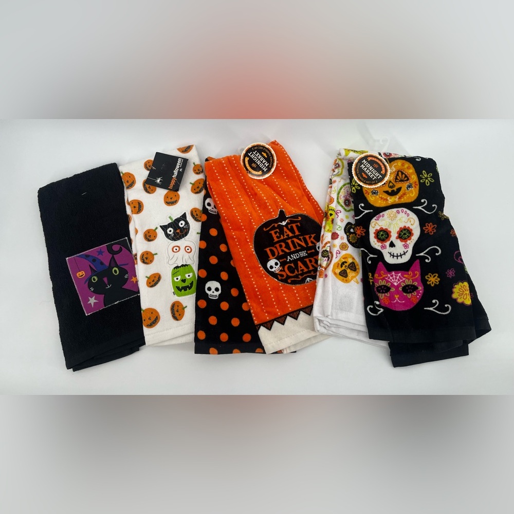 NWT Lot of 6 Halloween Kitchen Towels Black Cat Sugar Skulls Pumpkins